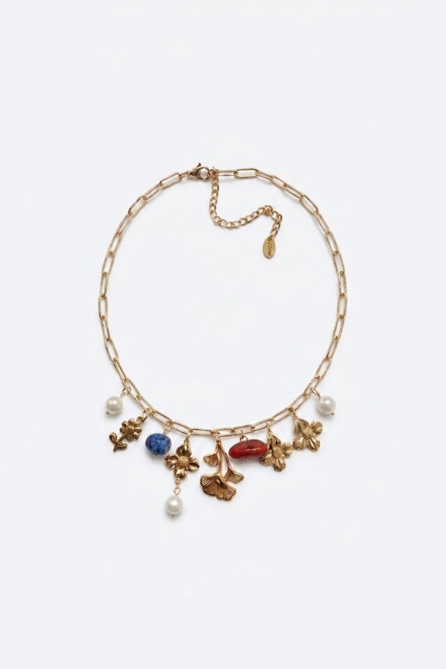 Collar de acero con piedras naturales y dijes dorado