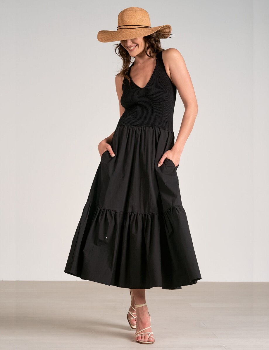 Vestido Bicolor De Punto Acanalado Y Falda Fluida - Negro 
