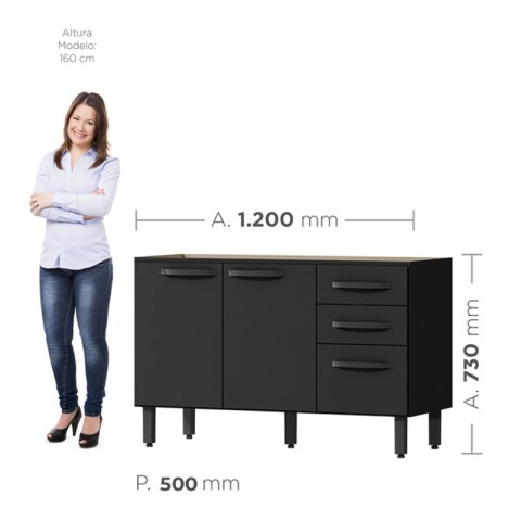 Bajo Mesada 3 Puertas y 2 Cajones con Pileta Central Tramontina Acero Inox - Negro Bajo Mesada 3 Puertas y 2 Cajones con Pileta Central Tramontina Acero Inox - Negro