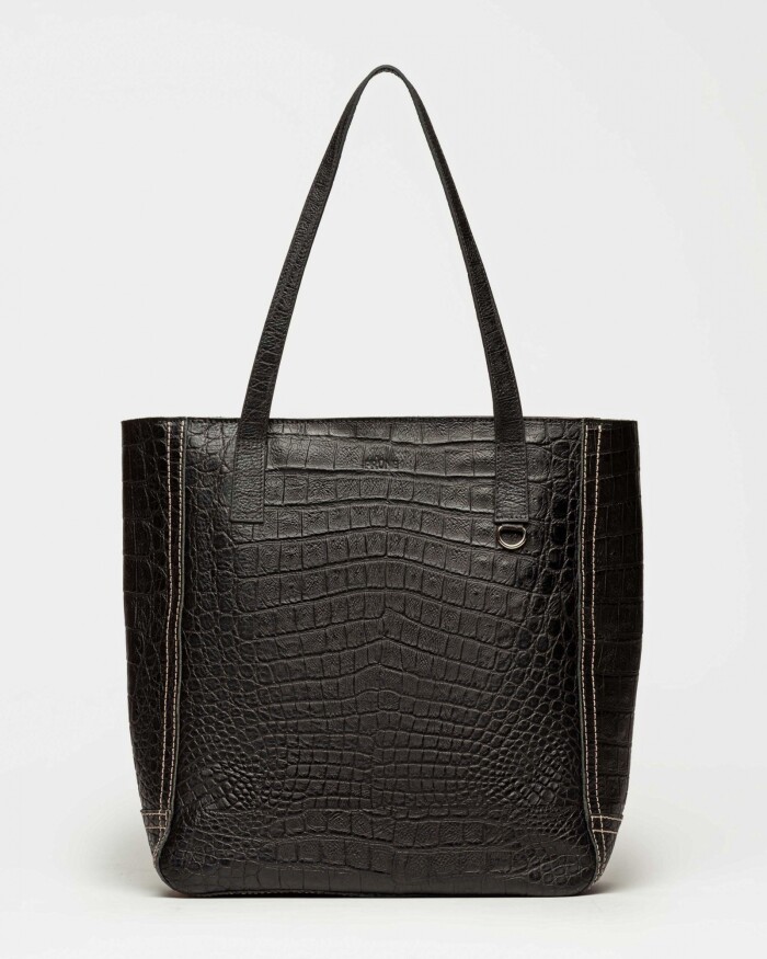 Shopper Vera En Cuero Graneado Croco Bridge Negro