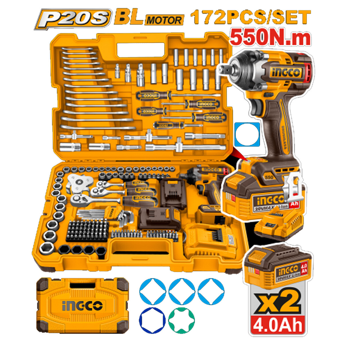 KIT SET 172 HERRAMIENTAS COMBINADAS + LLAVE DE IMPACTO A BATERIA 550NM 20V + 2 B 