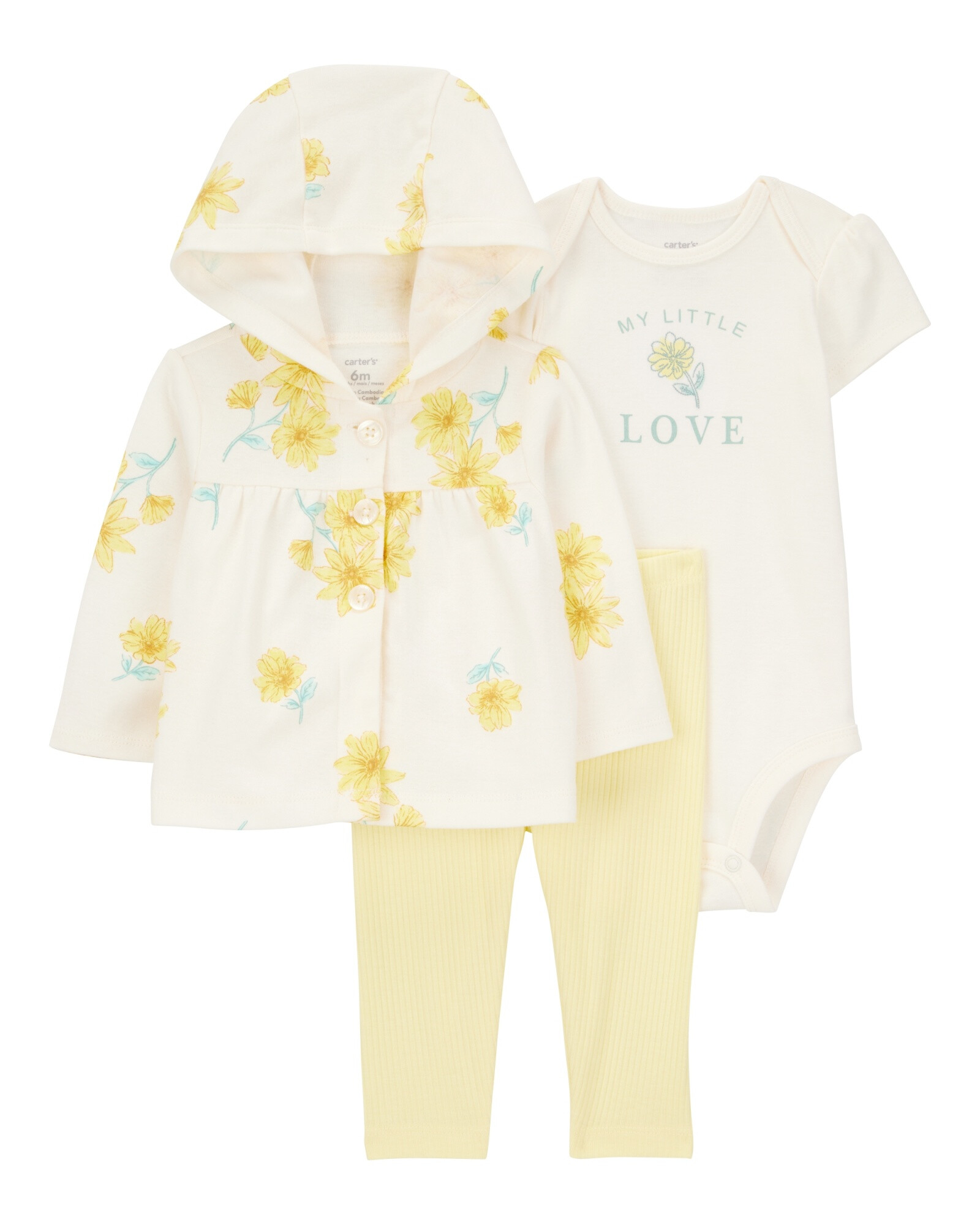 Set tres piezas de algodón, pantalón, saco con capucha y body, diseño floral Set tres piezas de algodón, pantalón, saco con capucha y body, diseño floral