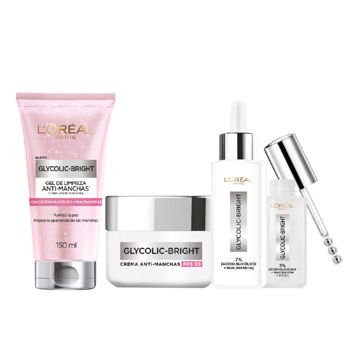 Pack L'Oreal Paris Glycolic Bright - Serúm 30ml + Crema de Día + Gel Limpiador + Serúm para Ojos 