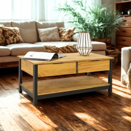 Mesa De Living Rustico Madera Maciza Linea Denise Miel/Negro