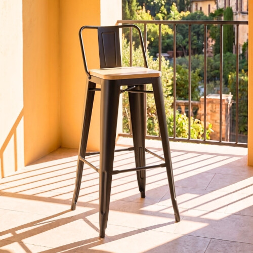 Taburete Con Respaldo Madera - Tolix Negro