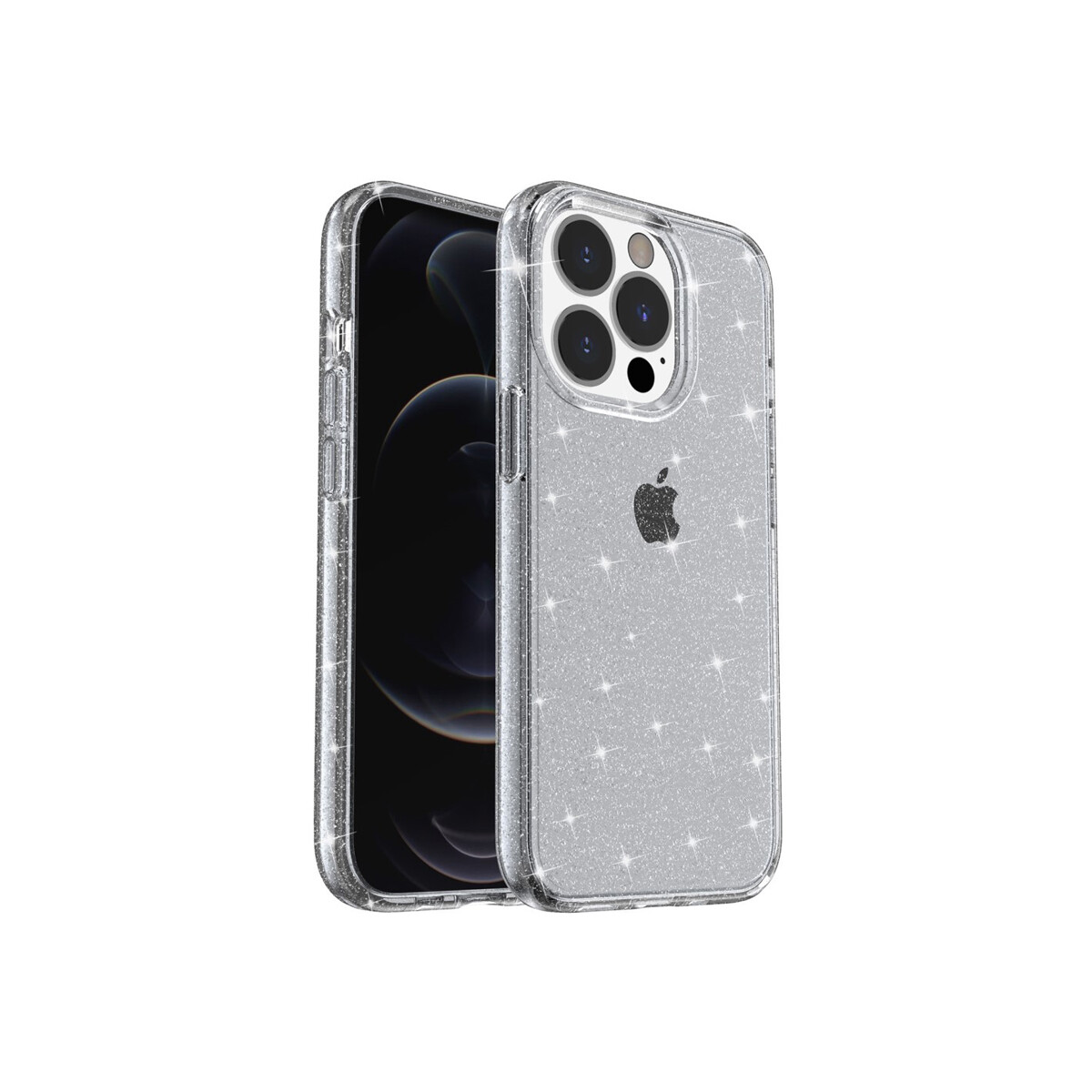 Protector rígido iPhone 15 Pro transparente gris con brillos 