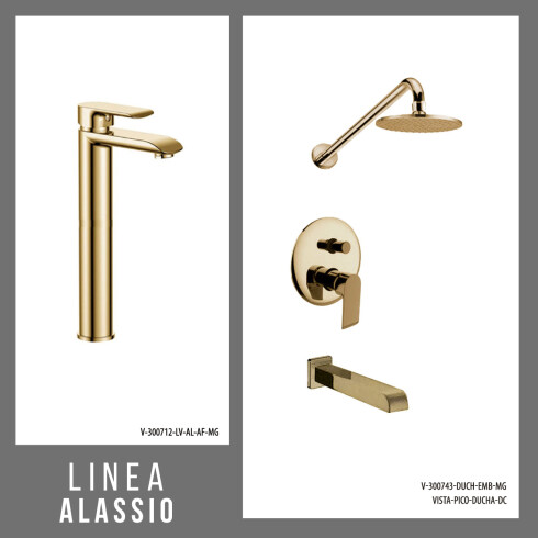 JUEGO DE GRIFERIA COMPLETO. INCLUYE DUCHA EMBUTIDA, VISTA Y LAVATORIO ALTO ORO SEMI MATE AQUALIA 000