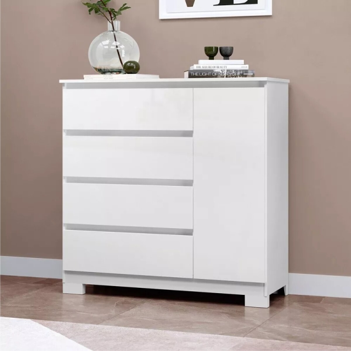 [OUTLET] Comoda Cajonera Vega para Dormitorio 4 Cajones con Rieles Telescópicos y 1 Puerta - Blanco 