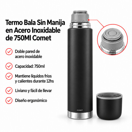 Termo Bala Acero Inoxidable 750Ml Mantiene Frío Calor Comet Negro