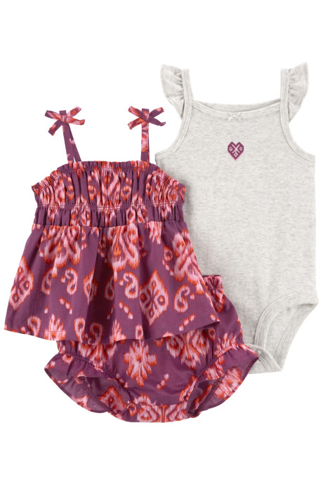 Set tres piezas de algodón, short, musculosa y body, estampados Set tres piezas de algodón, short, musculosa y body, estampados