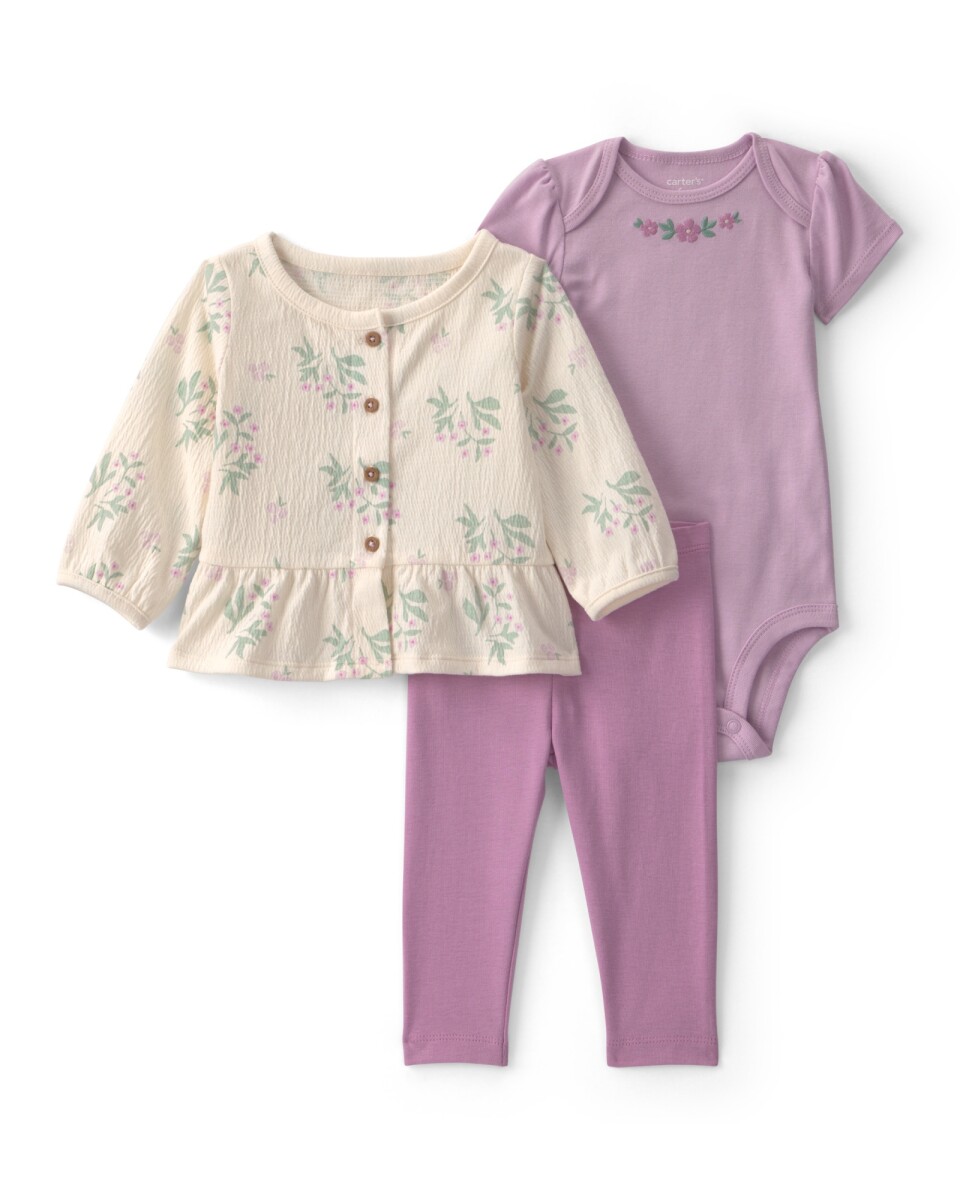 Set tres piezas de algodón, pantalón, body y saco, lila y crema, diseño floral 