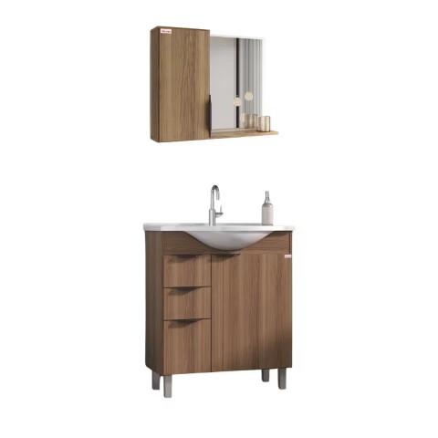 Mueble de baño de pie Crystal Nogal 72 cm con Bacha de resina y espejo con botiquín Mueble De Baño De Pie Crystal Nogal 72 Cm Con Bacha De Resina Y Espejo Con Botiquín