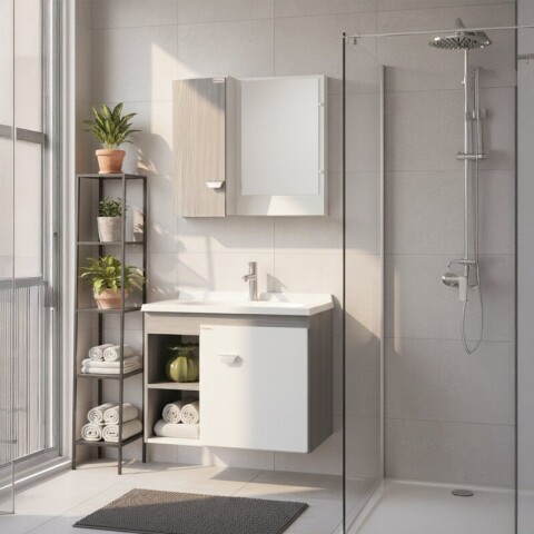Mueble de Baño Suspendido Sophia 56 cm | Diseño Blanco/Etna Gris con Nichos Laterales y Lavatorio Soft Mueble de Baño Suspendido Sophia 56 cm | Diseño Blanco/Etna Gris con Nichos Laterales y Lavatorio Soft