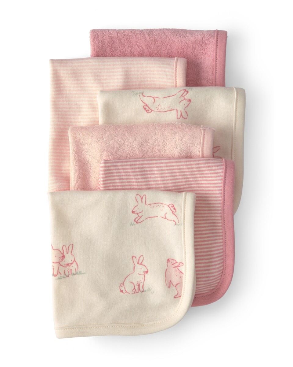 Pack seis paños de aseo, rosados, diseño conejos 
