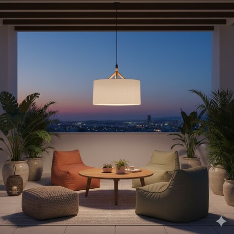 Colgante pantalla de tela natural y detalles en madera 56cm Colgante pantalla de tela natural y detalles en madera 56cm