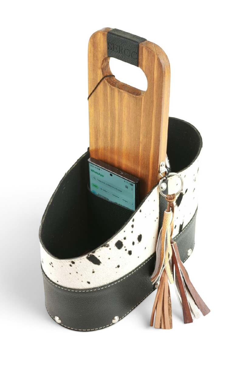 Matera de Cuero Vacuno Legítimo con Estructura Integral de Madera y porta celular Negro 2