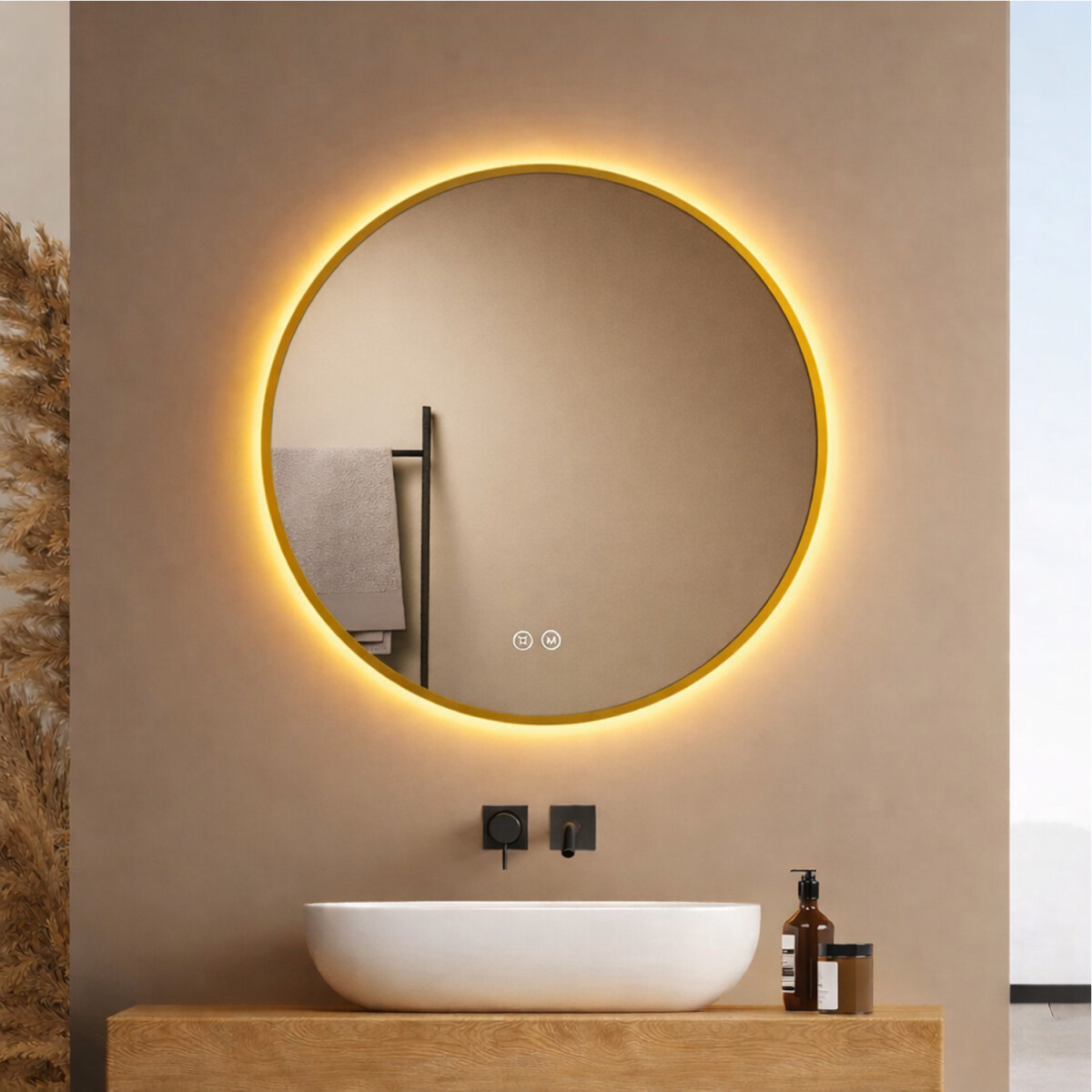 Espejo Redondo De Baño Led 60cm Función Desempañado - DORADO 