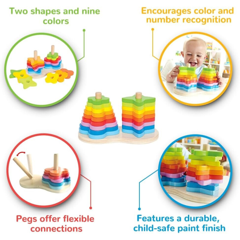 Juego de anillos de madera con doble apilador de arco iris Juego de anillos de madera con doble apilador de arco iris