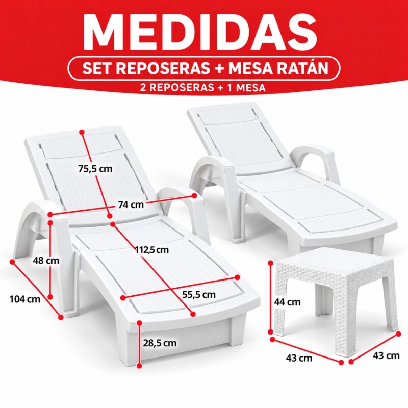 Set x2 Reposeras piscina+ mesa auxiliar BLANCO