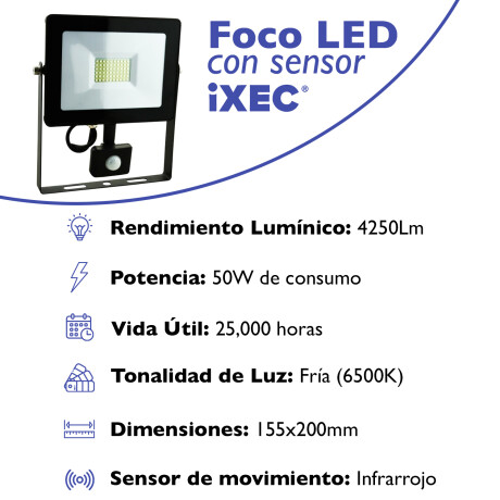 Foco LED Proyector con Sensor de Movimiento IXEC 50W 6500K 4250Lm IP65 Foco LED Proyector con Sensor de Movimiento IXEC 50W 6500K 4250Lm IP65