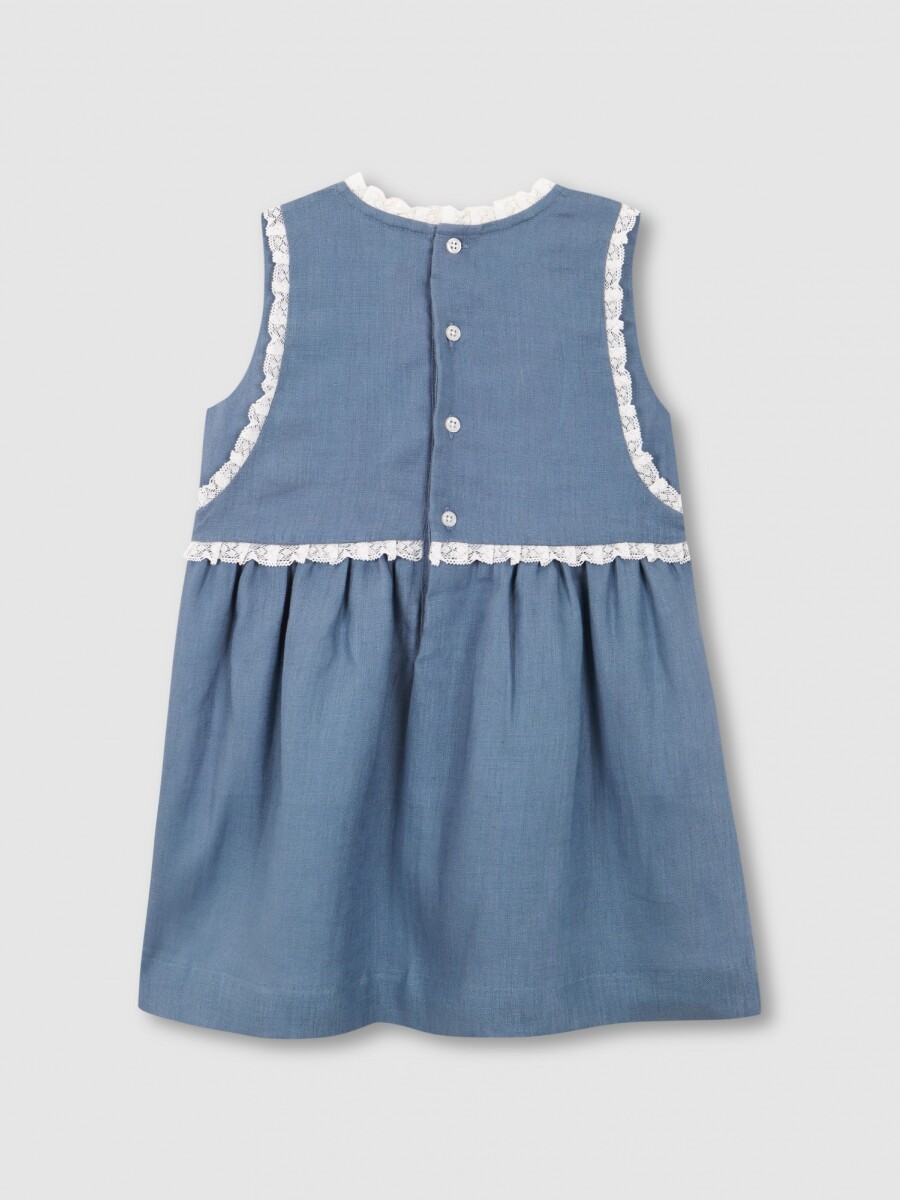 Vestido Lino Con Tiras Bordadas En Contr Azul Medio Claro