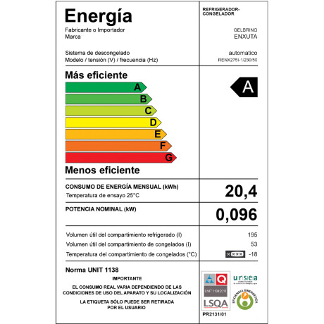 Refrigerador Enxuta RENX275w-1 Frío Seco 248 Litros Inox