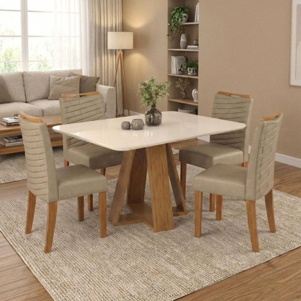 Juego De Comedor - 4 Sillas + Mesa Tapa De Vidrio - Celeste Marrón | Beige