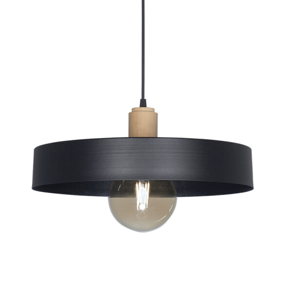 Colgante pantalla metal negro y madera E27 Ø400mm JU0380