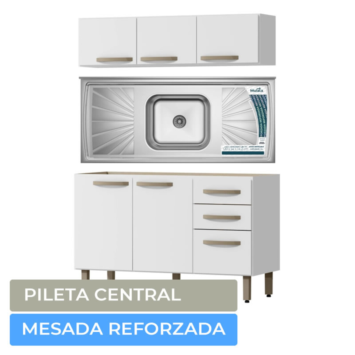 Combo de Cocina Bajo Mesada 3 Puertas 2 cajones + Pileta Reforzada con Hormigón Célular + Aéreo 3 Puertas Blanco 