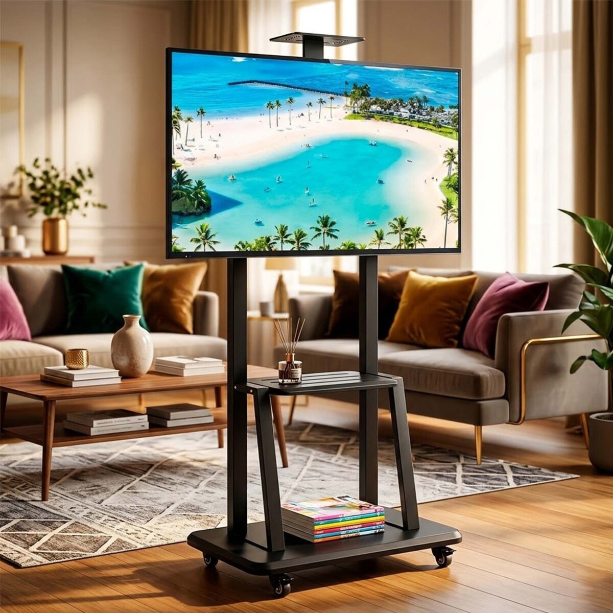 Soporte De Piso Para Tv Monitor 32 A 75 " Ruedas + Estante - Color Negro 