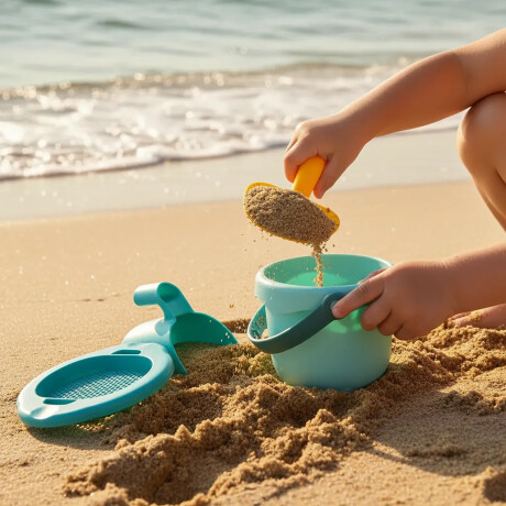 Juego de Arena Playa Bebé c/ Balde Pala y Tamizador Plástico Turquesa
