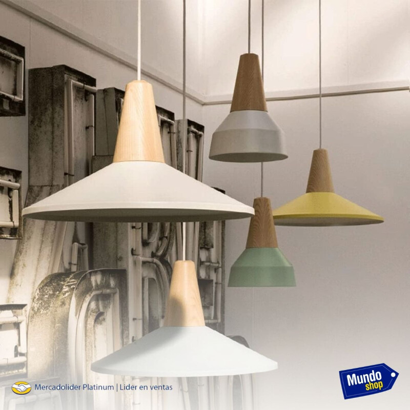 Lampara Colgante Metal Nordica Plato Deco Simil Madera Led Blanco