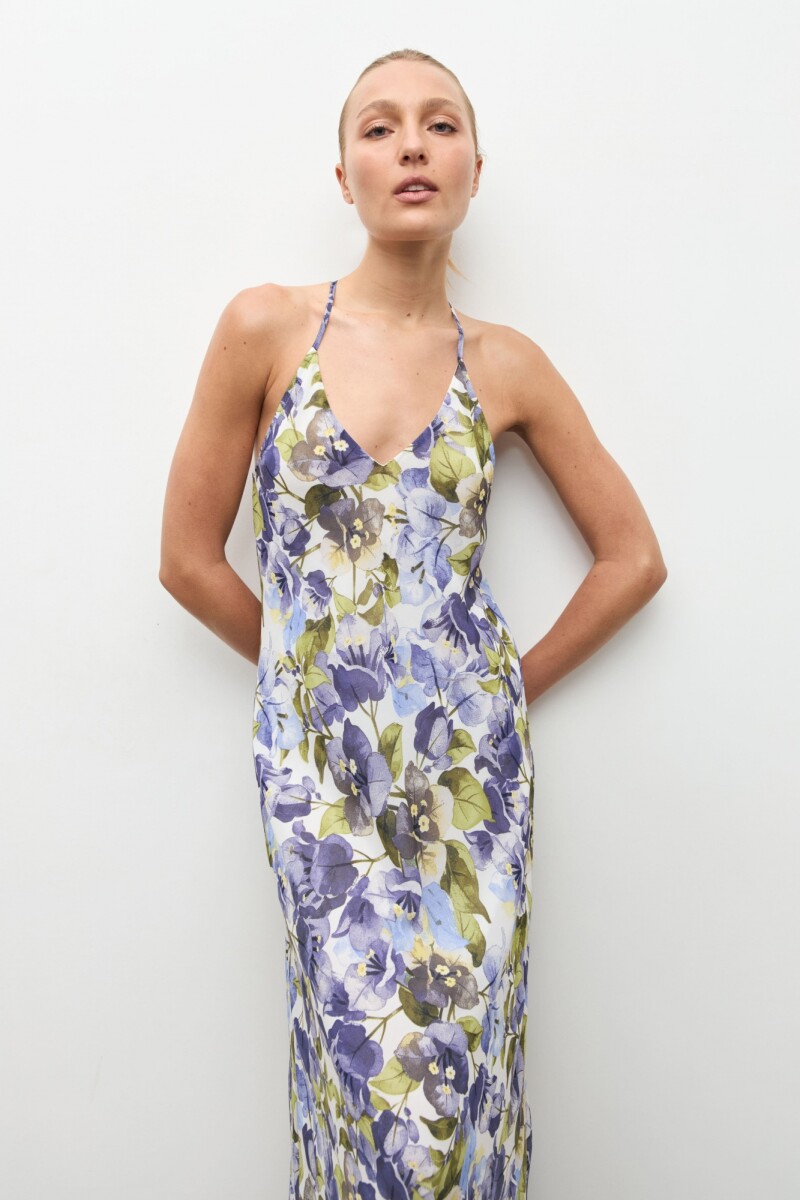 Maxi vestido estampa Santa Rita azul piedra