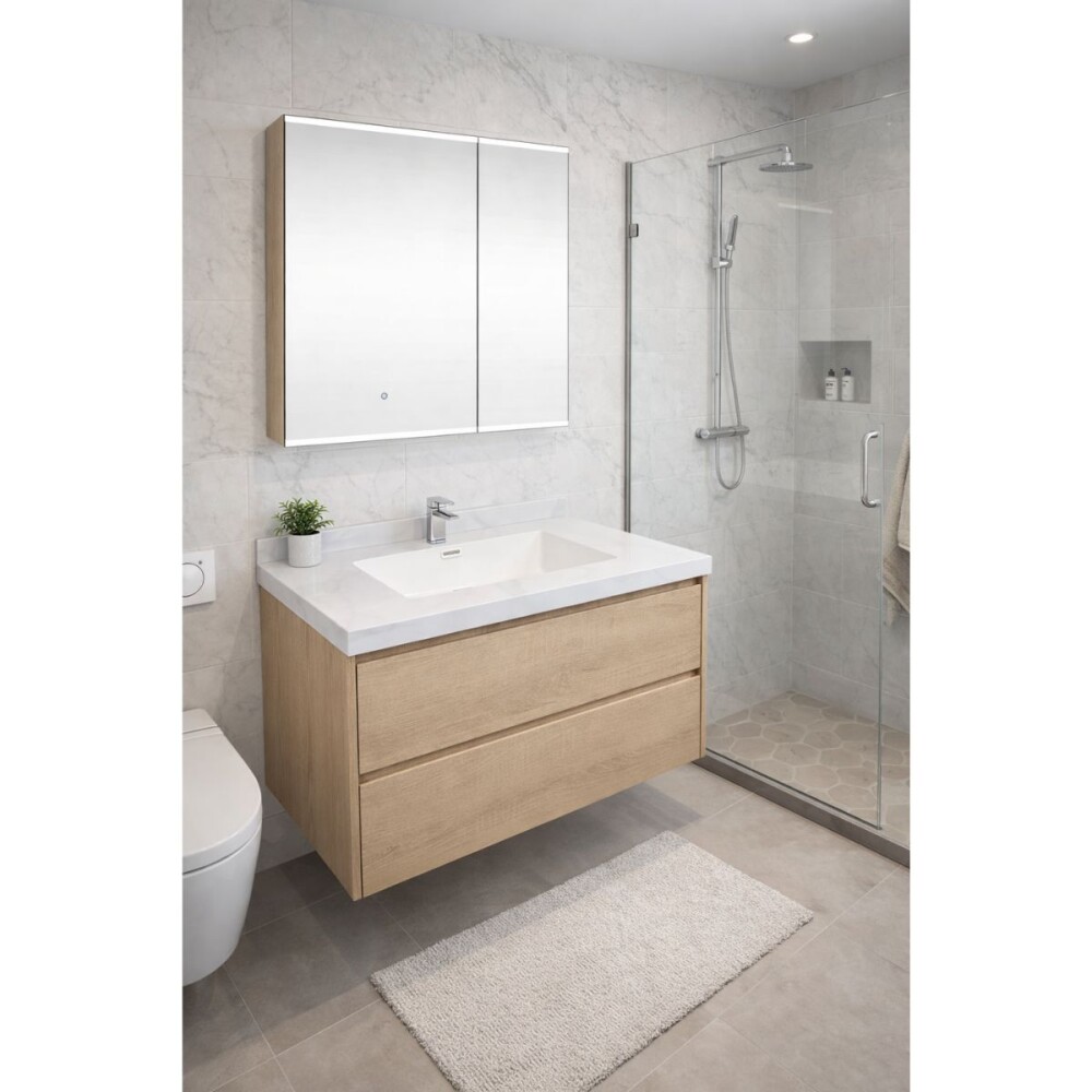 Mueble de baño suspendido Vip 80cm Oak mesa calacata con espejo botiquín 75 cm Vip Oak Mueble De Baño Suspendido Vip 80cm Oak Mesa Calacata Con Espejo Botiquín 75 Cm Vip Oak