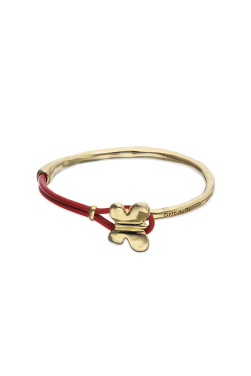 PULSERA DE CUERO ROJO SEMIRIGIDA BAÑADA EN ORO 18K CON MARIPOSA Pulsera