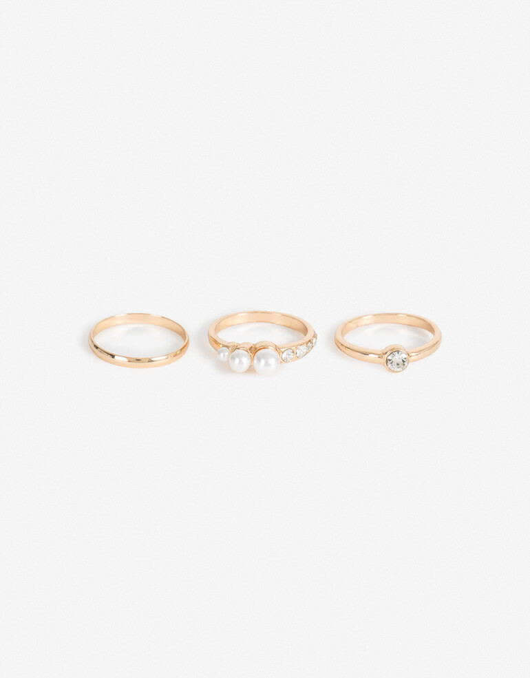 Sets Anillos Perlas Set De 3 Anillos Strass Y Perla - Dorado