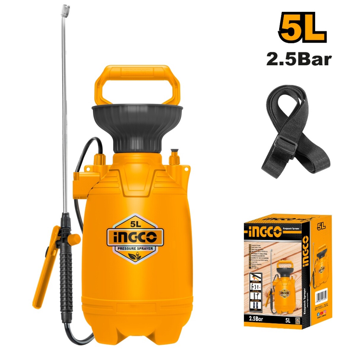 PULVERIZADOR FUMIGADOR 2.5 BAR 5LT INGCO HSPP30502 - NEGRO-NARANJA 