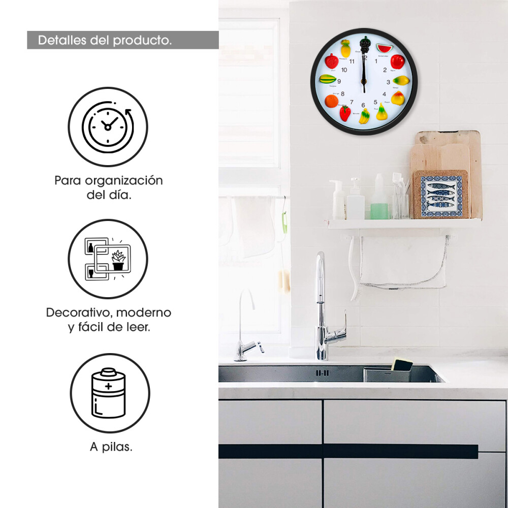 Reloj De Pared Frutal Ideal Para Cocina Análogo Espera Color negro