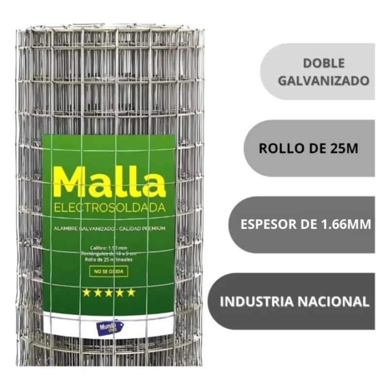 Tejido Malla Electrosoldada Galvanizada 1.66mm 1.20 X 25 Mts Gris