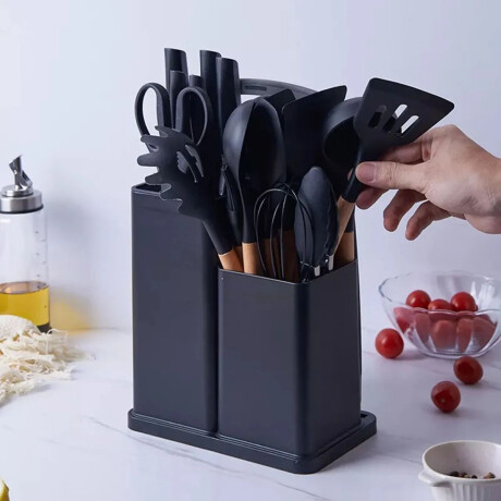 Set Utensilios Cocina 19Pz + Escurridor 2Niv Drenaje Autom Negro