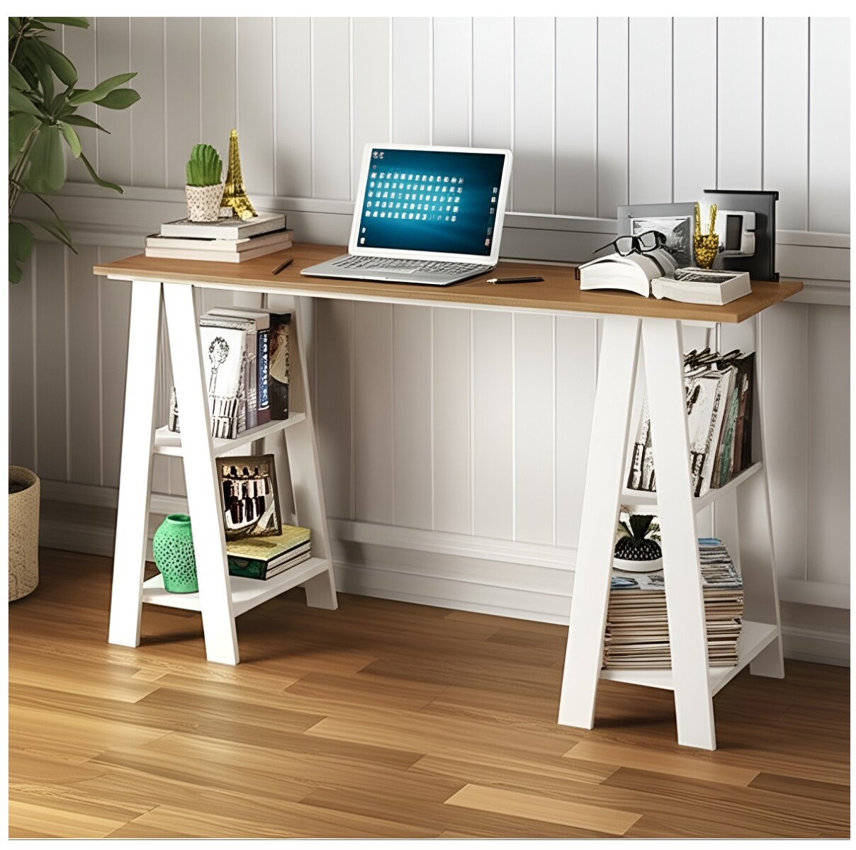 Escritorio Mesa Con Caballetes Diseño Oficina Pc Minimal Color Blanco 