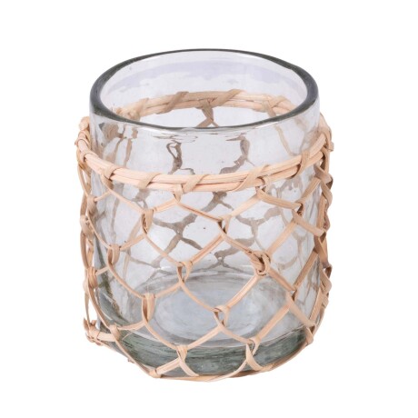 CANDELABRO SMALL VIDRIO-Y-YUTE TRANSPARENTE C/TEJIDO