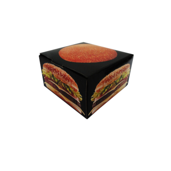 CAJA DE CARTULINA PARA HAMBURGUESA IMPRESA GENERICA 10X10X5.5 CM. NEGRO