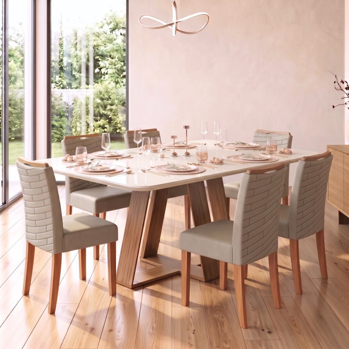 Juego De Comedor - 6 Sillas + Mesa Vidrio - Celeste - Marrón | Beige 