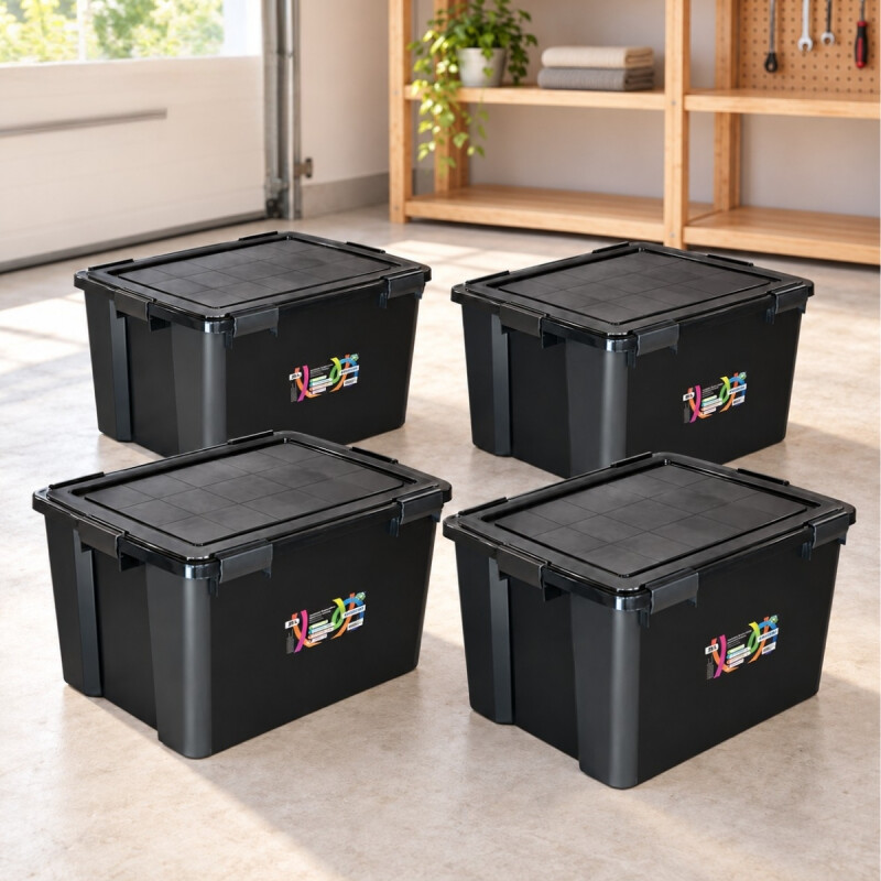 Set x4 Cajas organizadoras 80lts con 6 trabas NEGRO