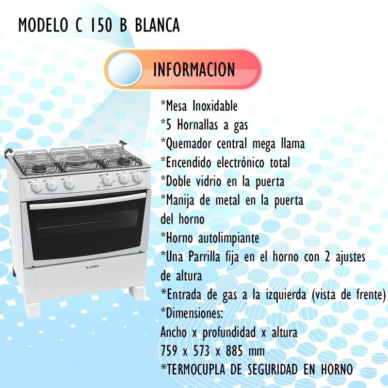 Cocina James C 150 B 5 Hornallas Encendido Eléctrico Color Blanco Cocina James C 150 B 5 Hornallas Encendido Eléctrico Color Blanco