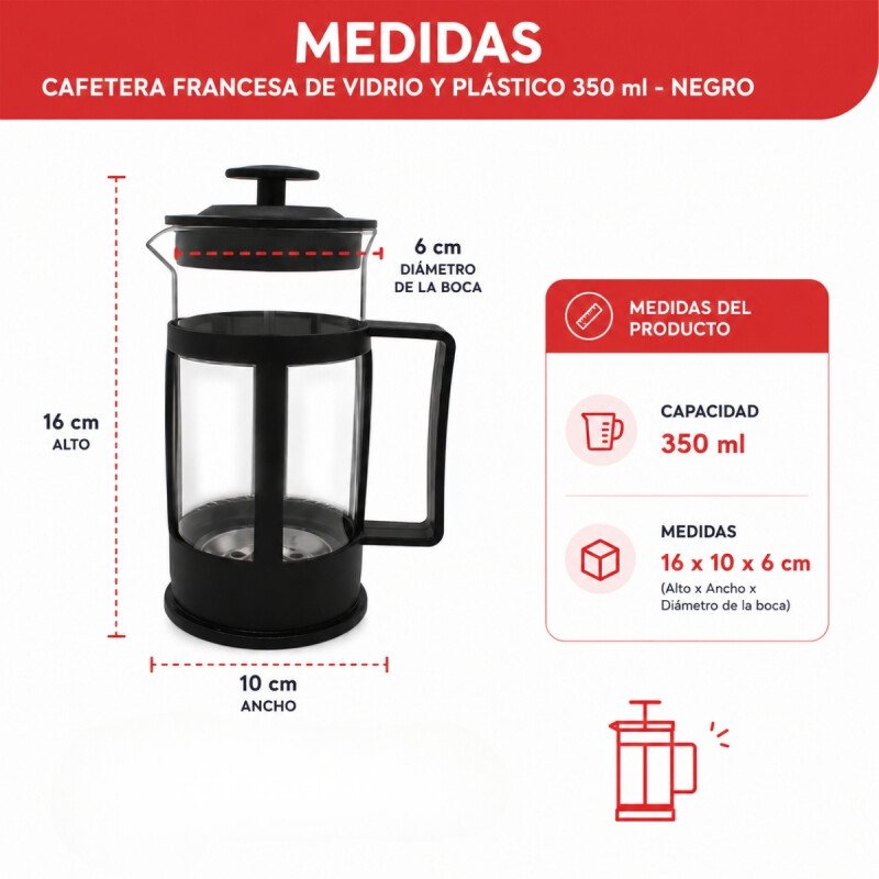 Cafetera francesa de vidrio y plástico 350 ml NEGRO