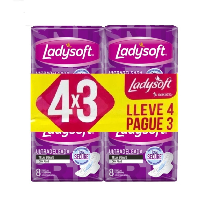 Ladysoft Toalla Ultra Delgada Tela Suave 8 Uds. Oferta 4x3 Ladysoft Toalla Ultra Delgada Tela Suave 8 Uds. Oferta 4x3