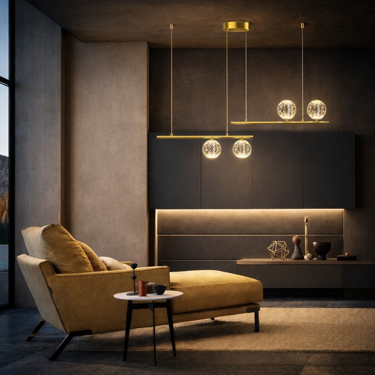 Colgante led lineal cuatro esferas dorado 28W 