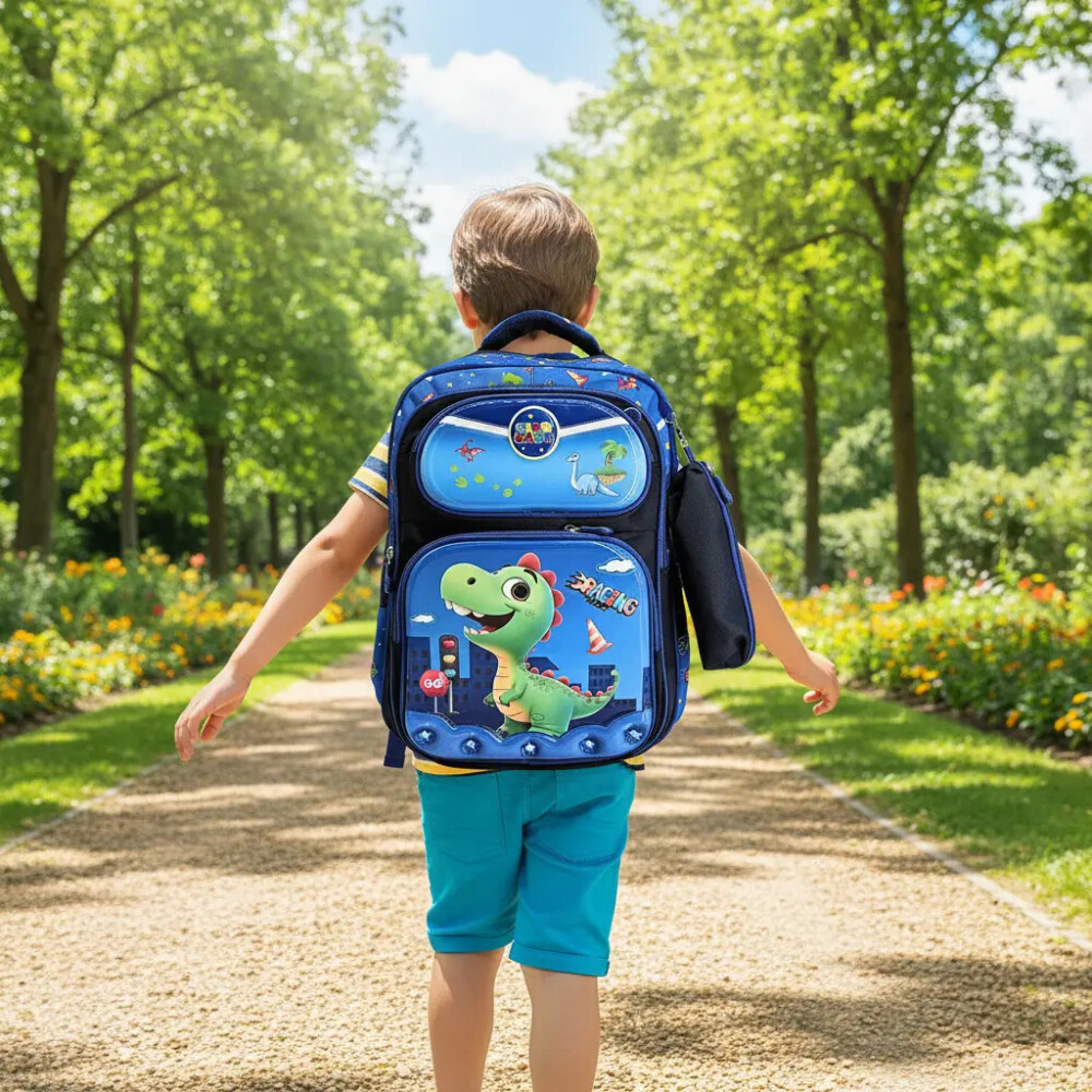 Mochila con 4 bolsillos de Dinosaurio con cartuchera de obsequio Mochila con 4 bolsillos de Dinosaurio con cartuchera de obsequio